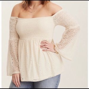 IVORY SMOCKED EYELET OFF SHOULDER TOP